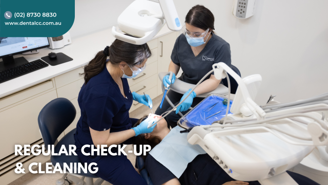 Patient getting a regular check-up and cleaning at the dentist
